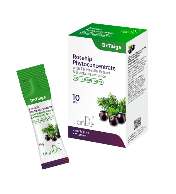 Skystas maisto papildas  Erškėtuogių sulčių koncentratas su europinių kėnių spyglių ekstraktu ir juodųjų serbentų uogų sultimis