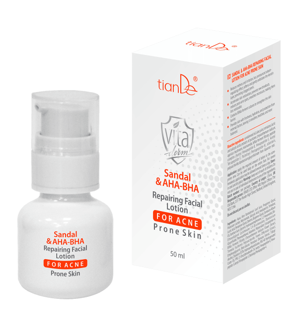 Atkuriamasis veido losjonas į spuogus linkusiai odai su sandalmedžiu ir AHA-BHA, 50 ml